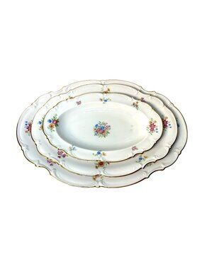 Vintage Schumann Dresden-Style Floral Nesting Serving Platters Set 3 Gold Trim